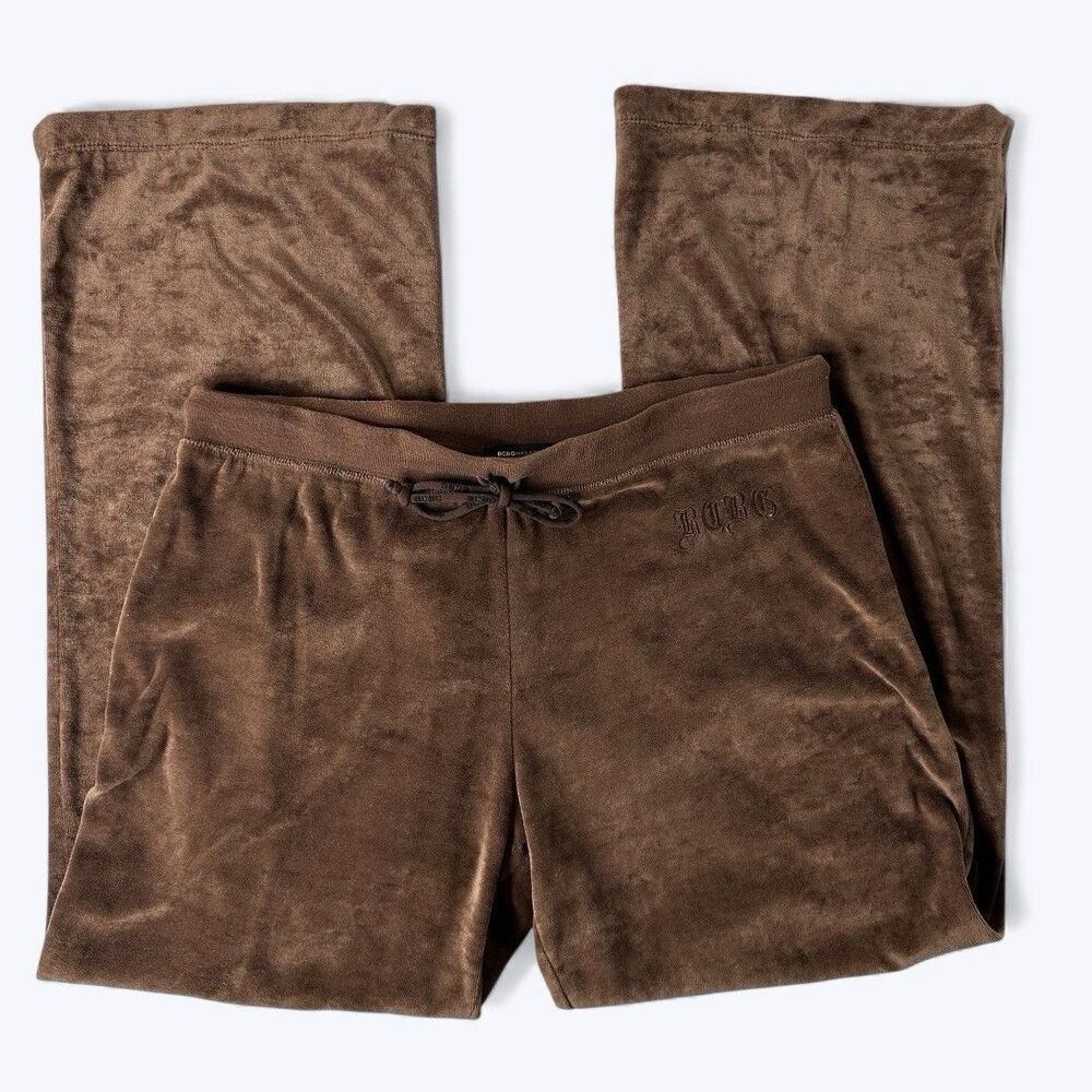 BCBG Maxazria Brown Velour Track Pants Sz L Pull On Logo Loungewear Vintage Y2K